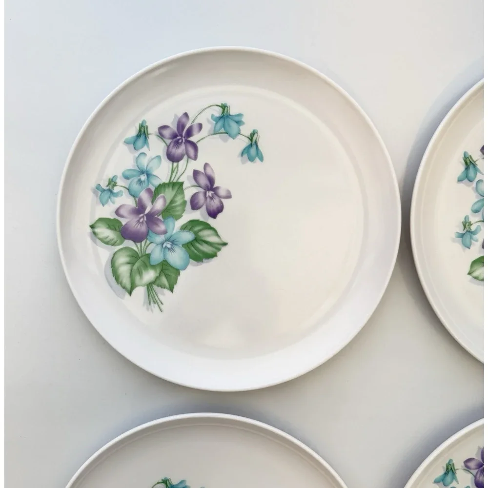 Set of 6 Royalon Melmac Violet Corsage Purple Floral Dinner Plates 9.5